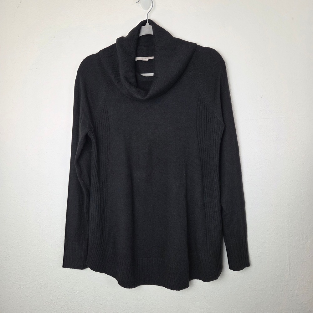 LOFT Women Black Cowl Neck Pullover Sweater Ribbed Side Panels‎ Size S